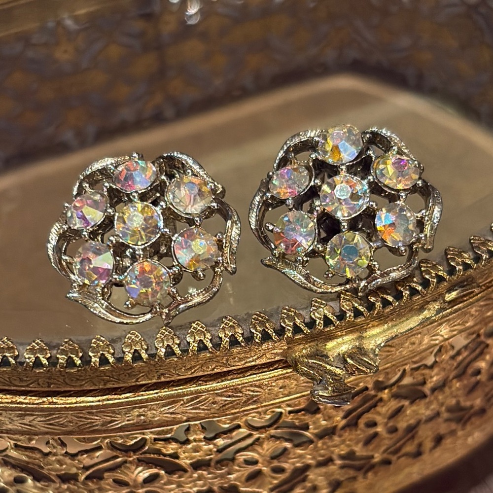 Vintage Pakula Silver and AB Iridescent White Crystal Filigree Earrings Clipon